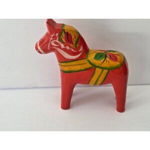 Handcrafted Nils Olsson Red Swedish Dala Horse Figurine With Floral Folk Art